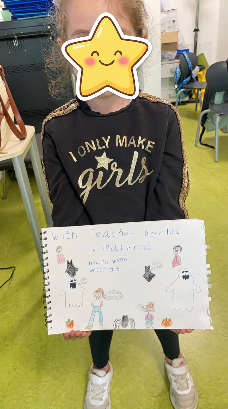 A proud student showing her Halloween words drawing