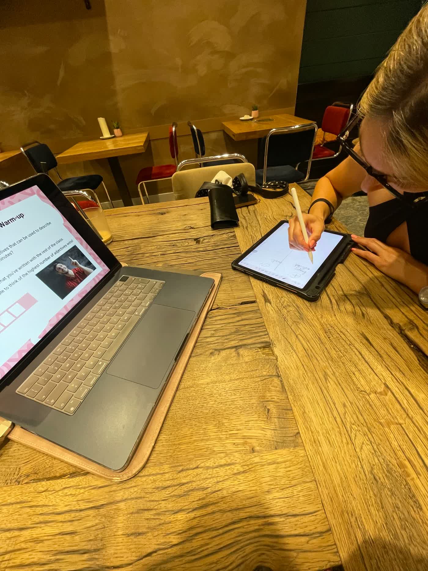 Warm-up adjectives activity on a tablet